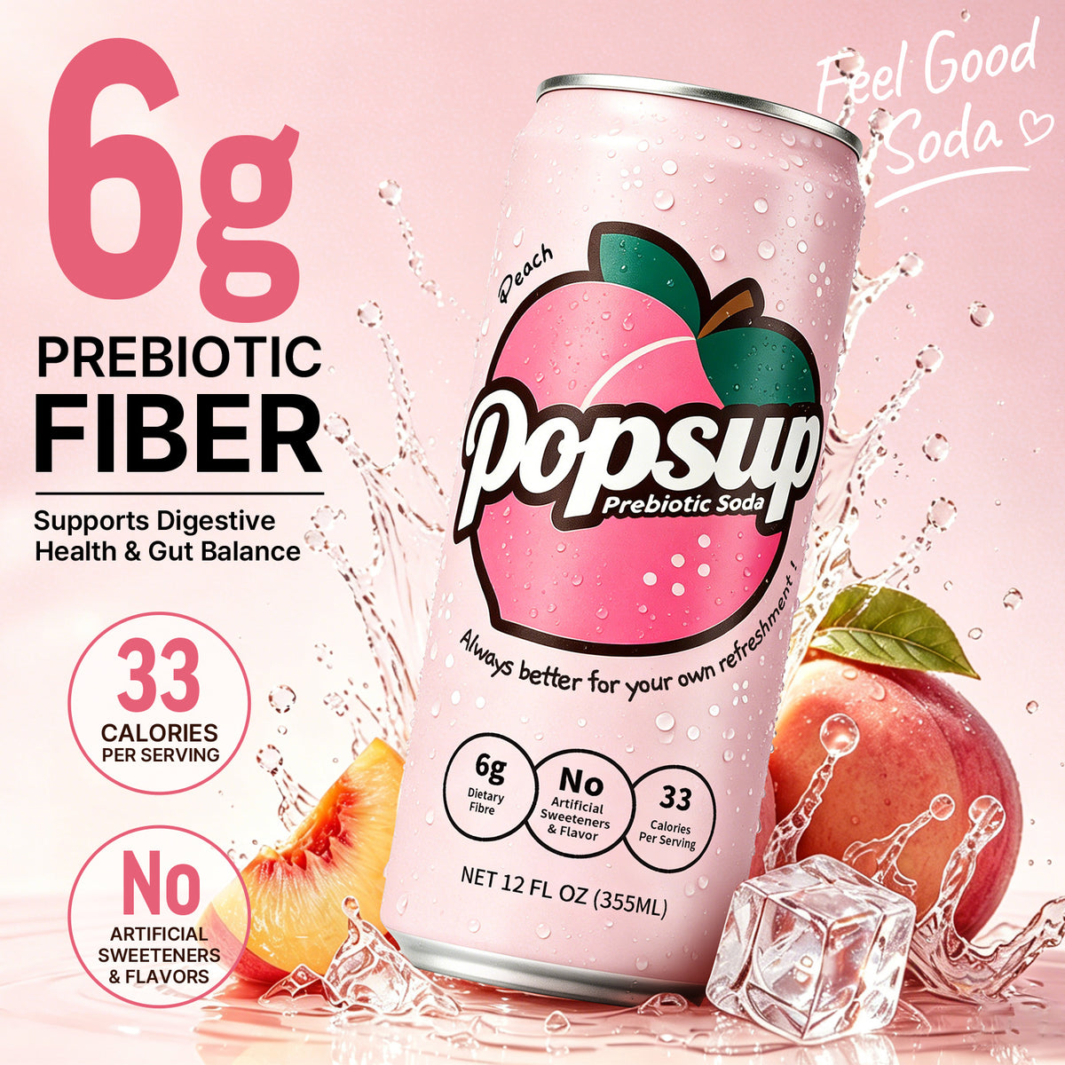 POPSUP Prebiotic Soda Pop, Peach Flavor, Pantry Pack Packed with Prebiotics, Fiber, and Botanicals, 12oz