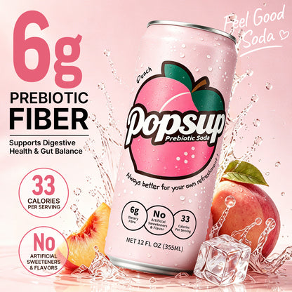 POPSUP Prebiotic Soda Pop, Peach Flavor, Pantry Pack Packed with Prebiotics, Fiber, and Botanicals, 12oz