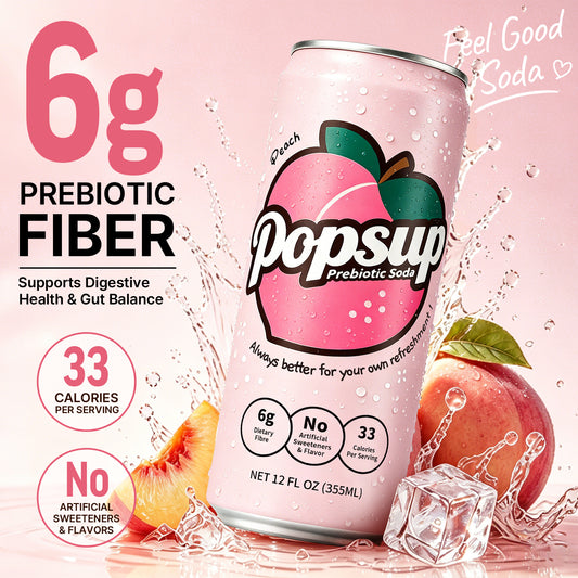 POPSUP Prebiotic Soda Pop, Peach Flavor, Pantry Pack Packed with Prebiotics, Fiber, and Botanicals, 12oz