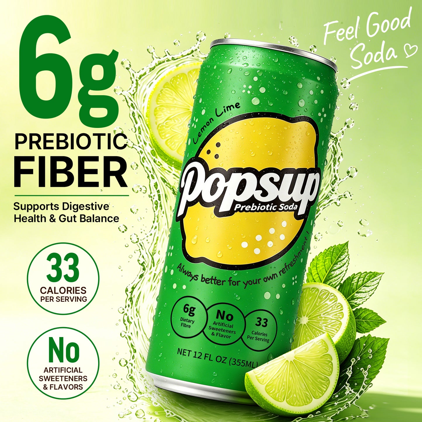 POPSUP Prebiotic Soda Pop, Classic Lemon, Pantry Pack Packed with Prebiotics, Fiber, and Botanicals, 12oz