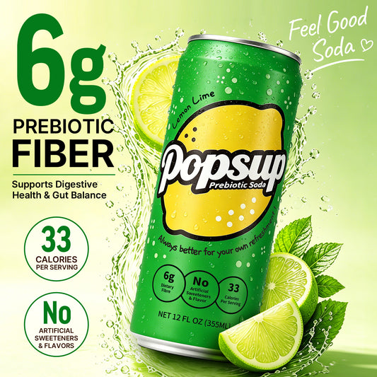 POPSUP Prebiotic Soda Pop, Classic Lemon, Pantry Pack Packed with Prebiotics, Fiber, and Botanicals, 12oz