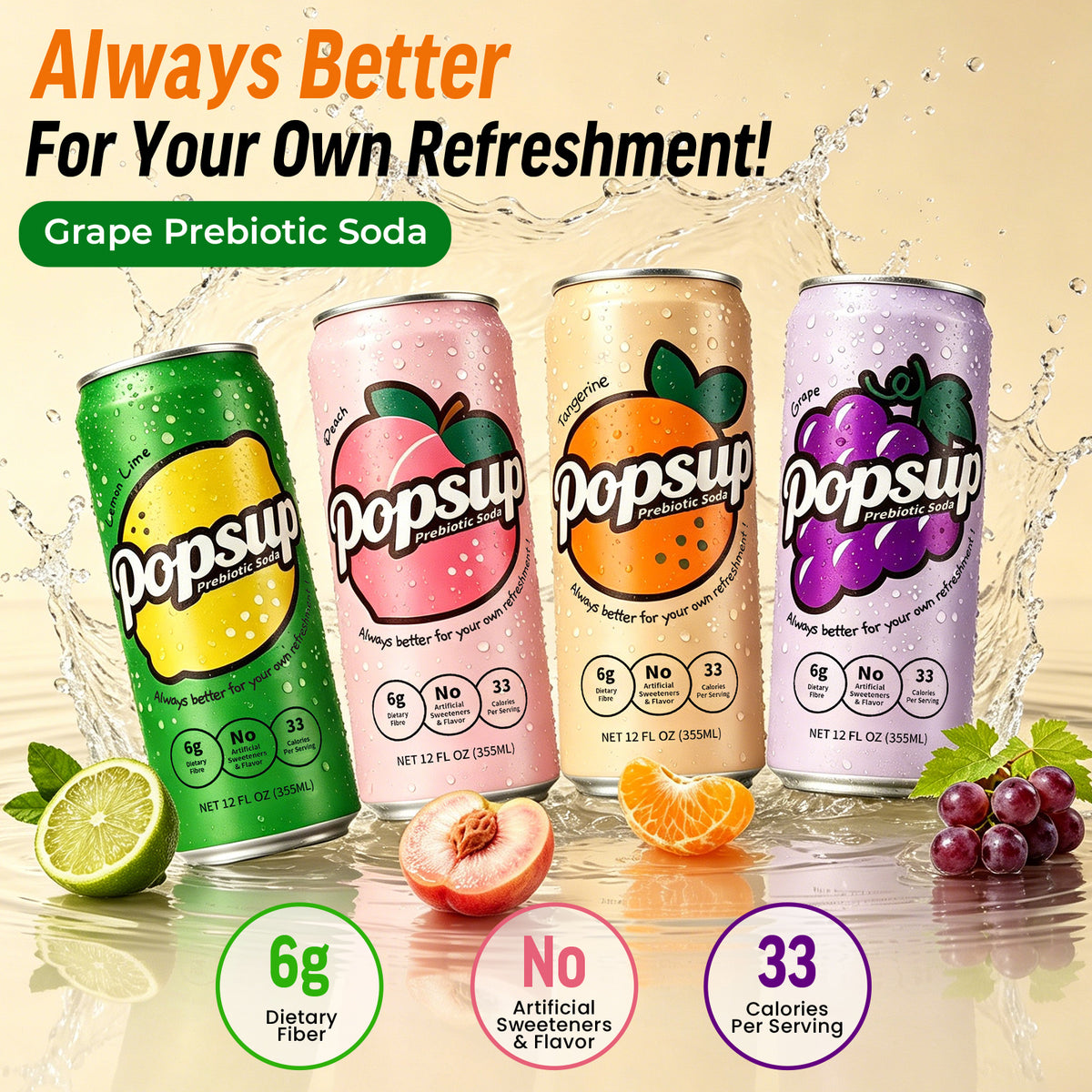 POPSUP Prebiotic Soda Pop, Pantry Pack Packed with Prebiotics, Fiber, and Botanicals, 4 Flavor Mix Pack 12oz