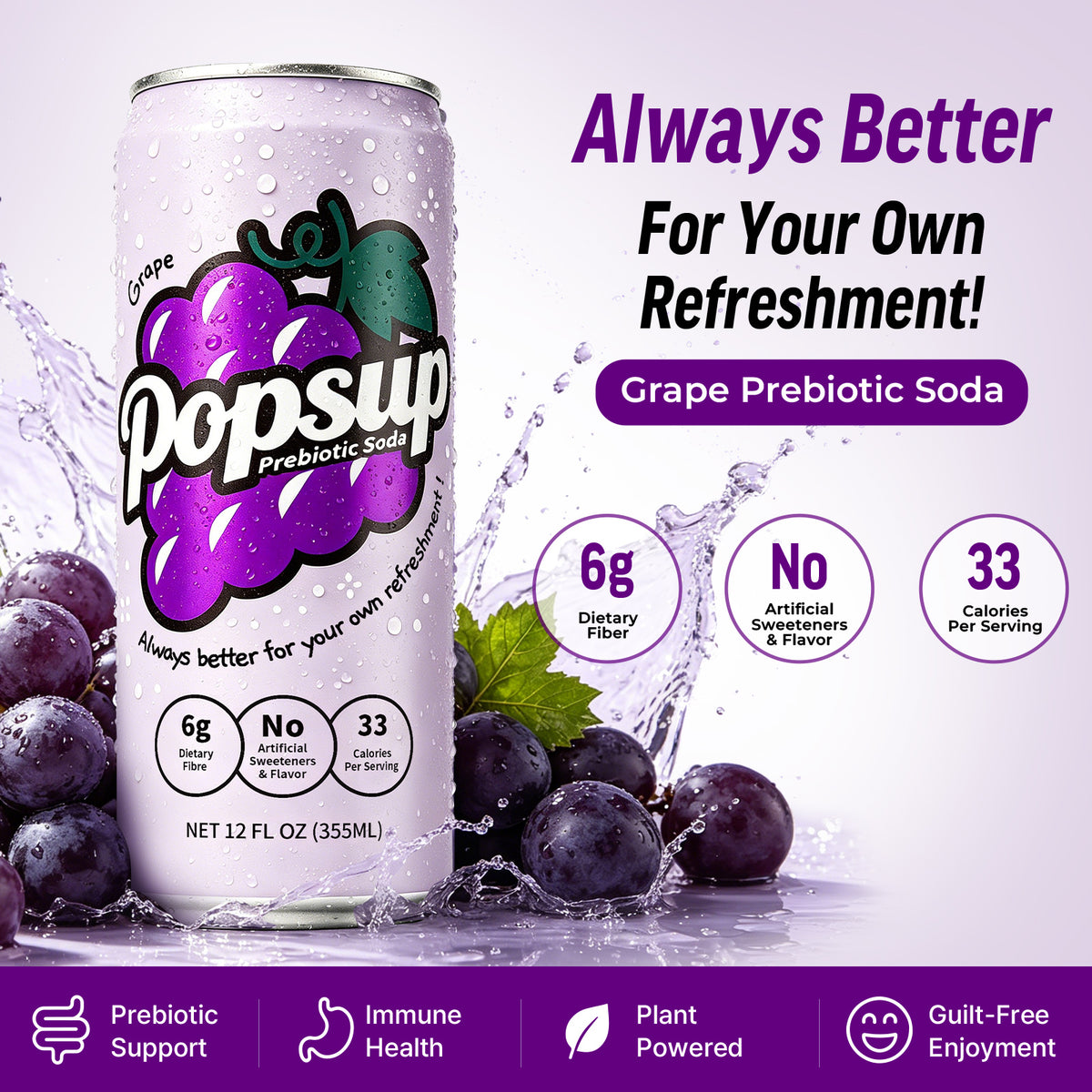 POPSUP Prebiotic Soda Pop, Classic Grape, Pantry Pack Packed with Prebiotics, Fiber, and Botanicals, 12oz