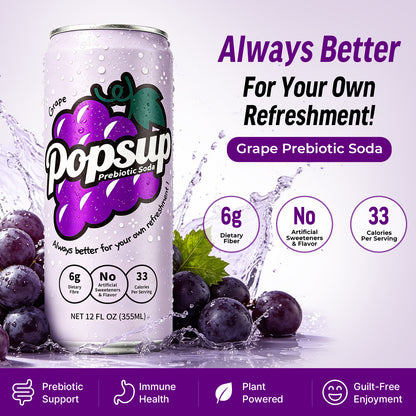 POPSUP Prebiotic Soda Pop, Classic Grape, Pantry Pack Packed with Prebiotics, Fiber, and Botanicals, 12oz