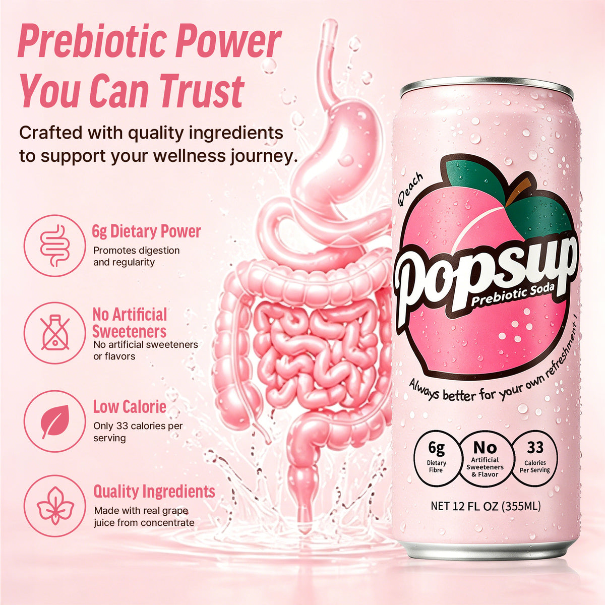 POPSUP Prebiotic Soda Pop, Peach Flavor, Pantry Pack Packed with Prebiotics, Fiber, and Botanicals, 12oz