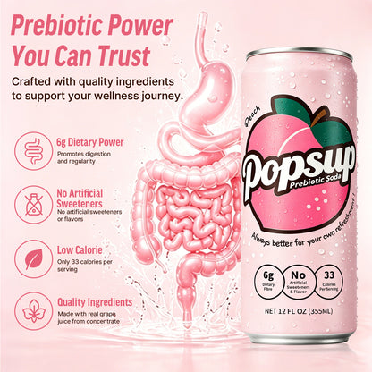 POPSUP Prebiotic Soda Pop, Peach Flavor, Pantry Pack Packed with Prebiotics, Fiber, and Botanicals, 12oz