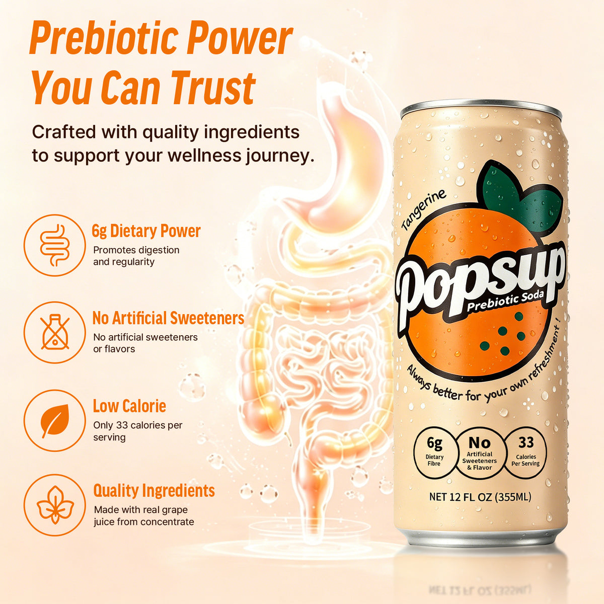 POPSUP Prebiotic Soda Pop, Classic Tangerine, Pantry Pack Packed with Prebiotics, Fiber, and Botanicals, 12oz