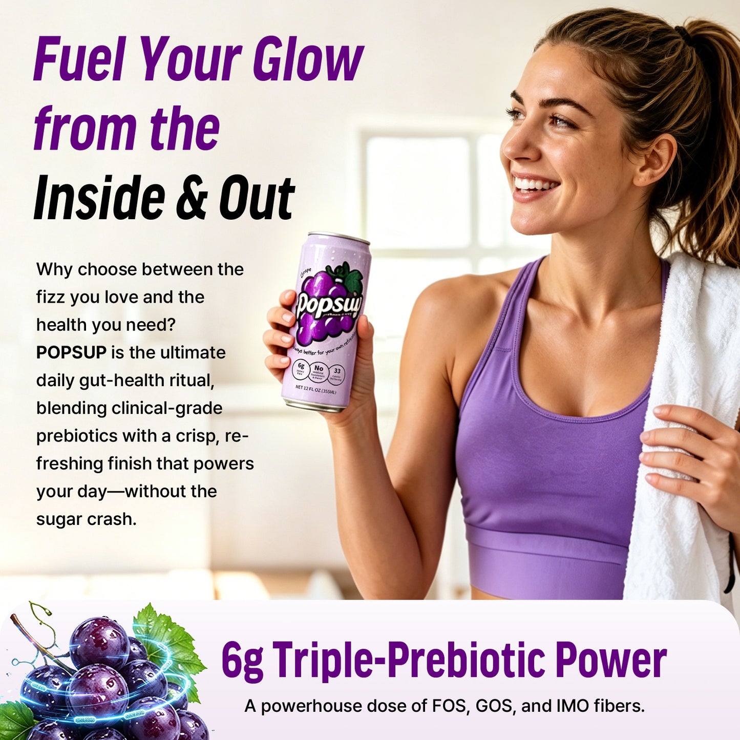 POPSUP Prebiotic Soda Pop, Classic Grape, Pantry Pack Packed with Prebiotics, Fiber, and Botanicals, 12oz