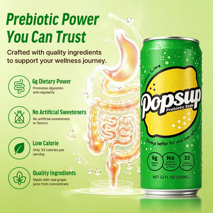 POPSUP Prebiotic Soda Pop, Classic Lemon, Pantry Pack Packed with Prebiotics, Fiber, and Botanicals, 12oz