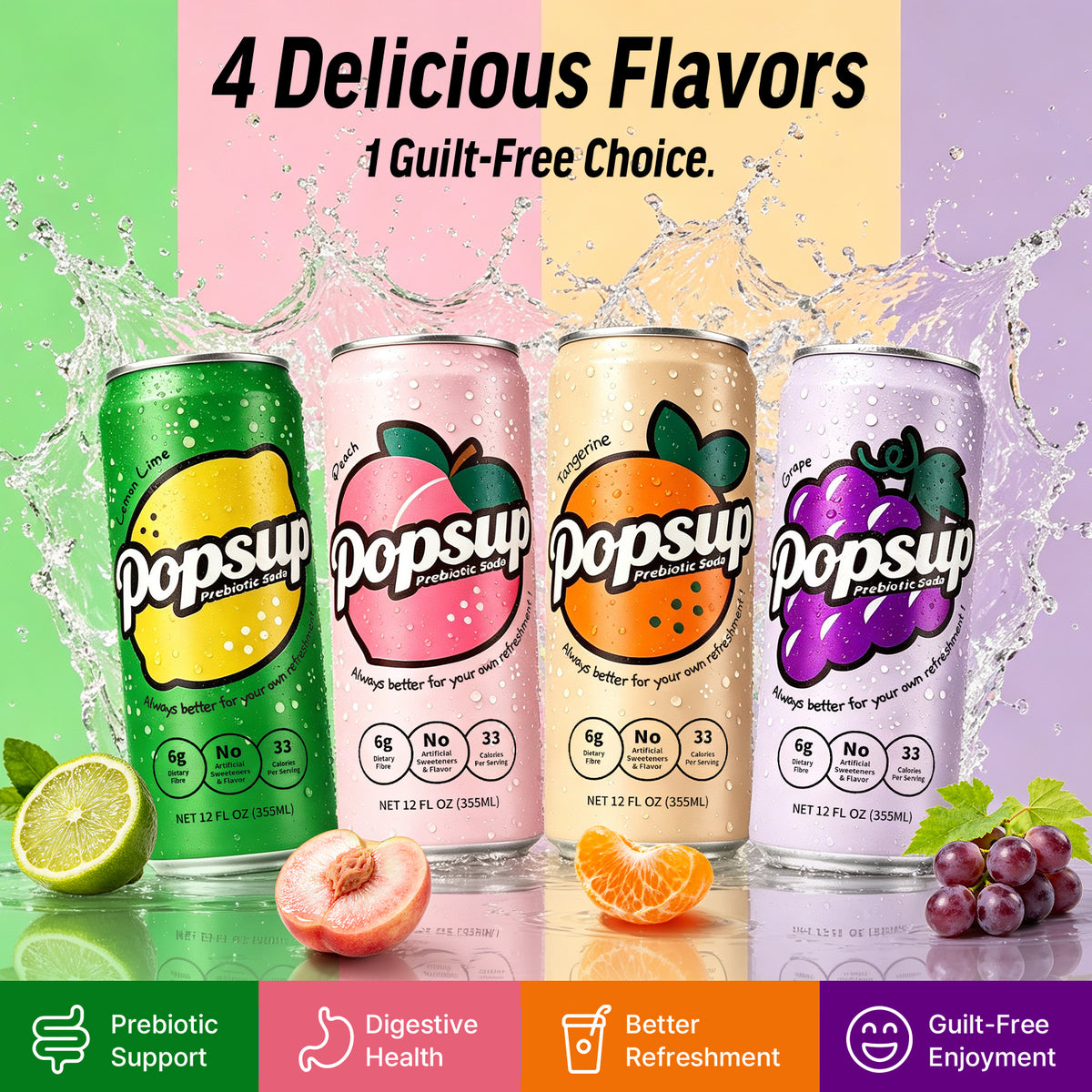 POPSUP Prebiotic Soda Pop, Pantry Pack Packed with Prebiotics, Fiber, and Botanicals, 4 Flavor Mix Pack 12oz