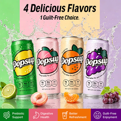 POPSUP Prebiotic Soda Pop, Pantry Pack Packed with Prebiotics, Fiber, and Botanicals, 4 Flavor Mix Pack 12oz