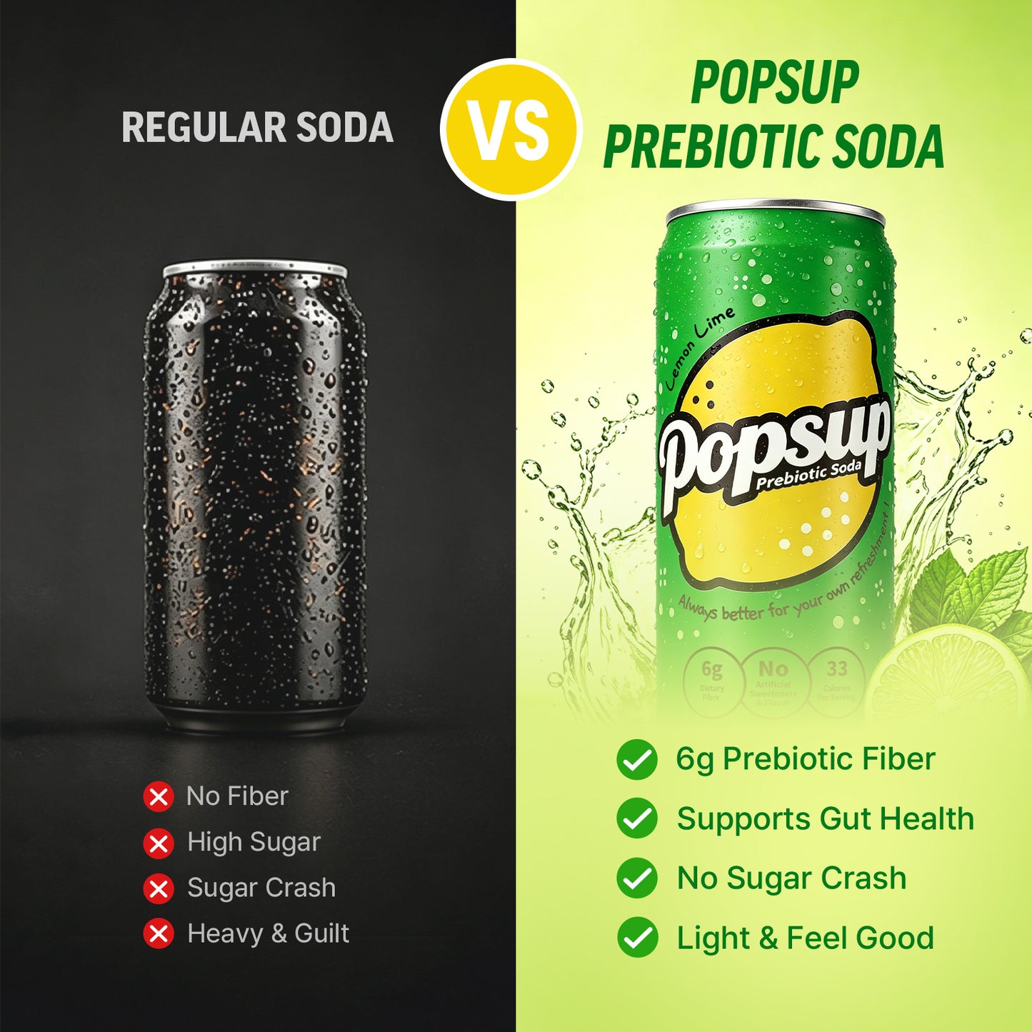 POPSUP Prebiotic Soda Pop, Classic Lemon, Pantry Pack Packed with Prebiotics, Fiber, and Botanicals, 12oz