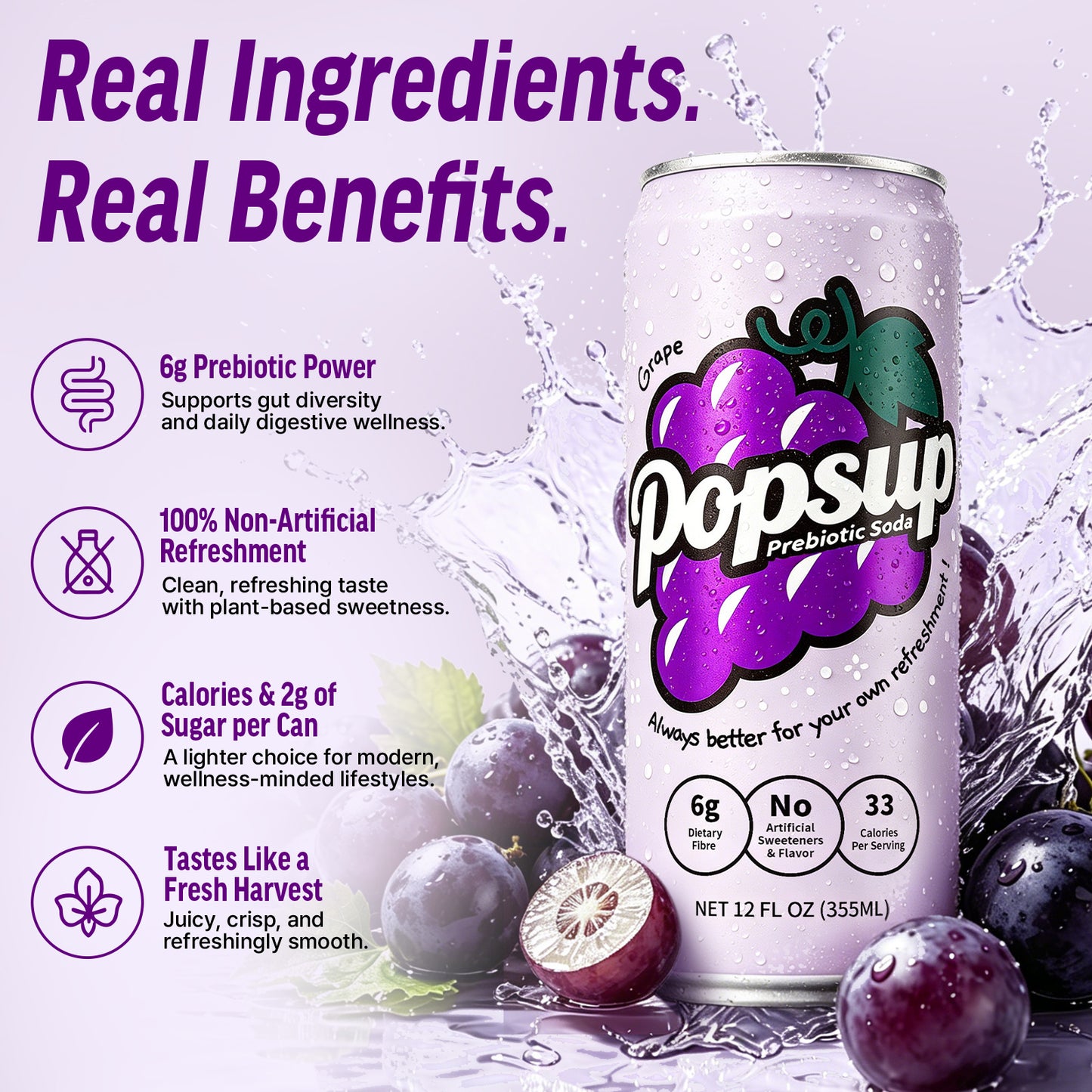 POPSUP Prebiotic Soda Pop, Classic Grape, Pantry Pack Packed with Prebiotics, Fiber, and Botanicals, 12oz