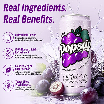 POPSUP Prebiotic Soda Pop, Classic Grape, Pantry Pack Packed with Prebiotics, Fiber, and Botanicals, 12oz