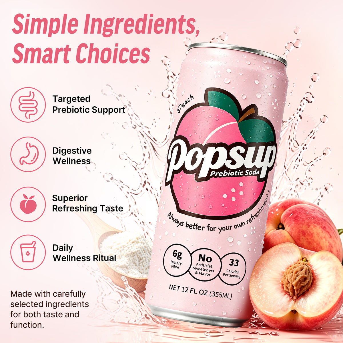 POPSUP Prebiotic Soda Pop, Peach Flavor, Pantry Pack Packed with Prebiotics, Fiber, and Botanicals, 12oz