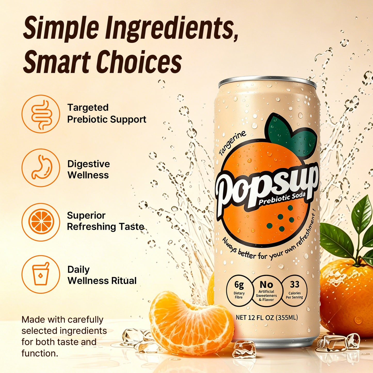 POPSUP Prebiotic Soda Pop, Classic Tangerine, Pantry Pack Packed with Prebiotics, Fiber, and Botanicals, 12oz