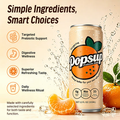 POPSUP Prebiotic Soda Pop, Classic Tangerine, Pantry Pack Packed with Prebiotics, Fiber, and Botanicals, 12oz
