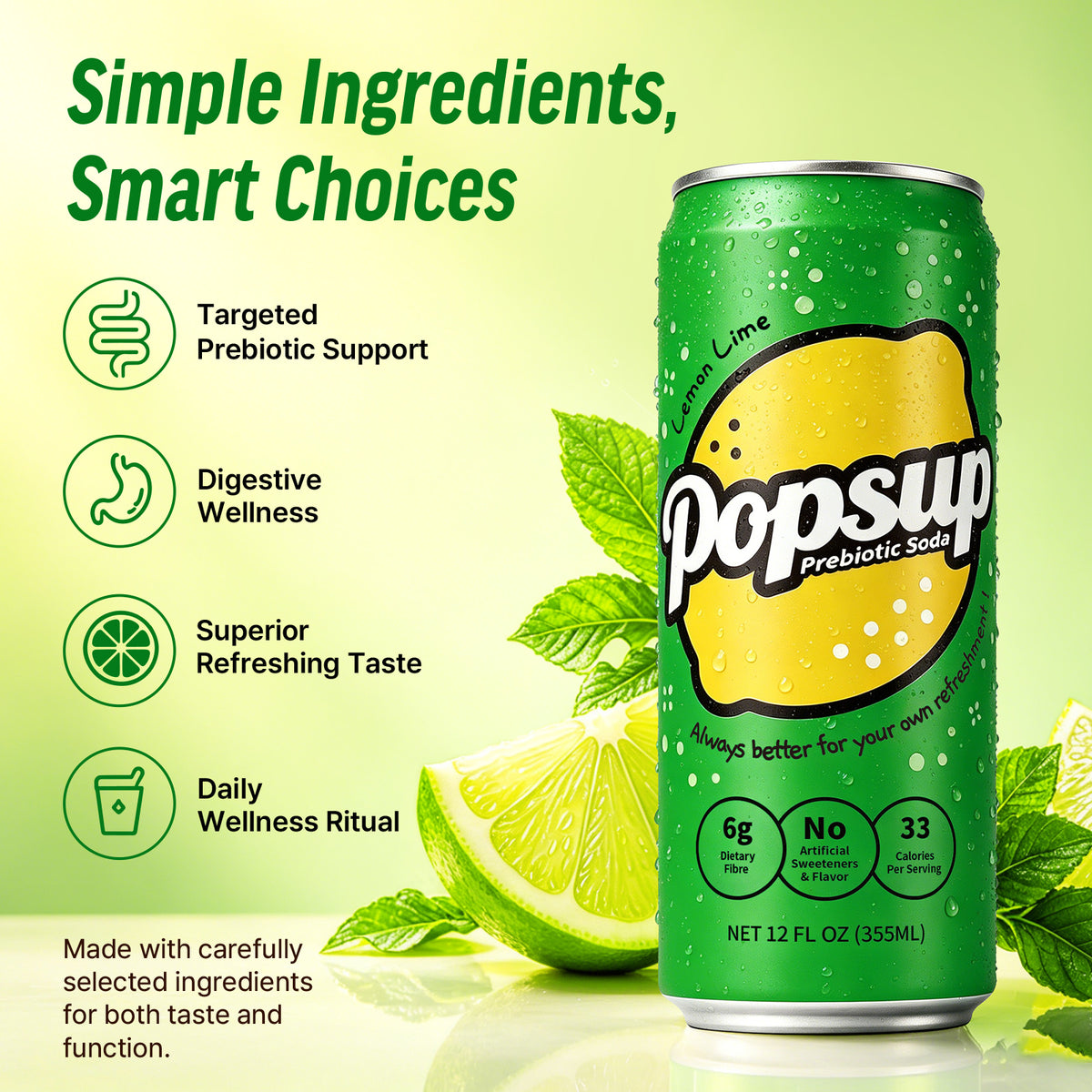 POPSUP Prebiotic Soda Pop, Classic Lemon, Pantry Pack Packed with Prebiotics, Fiber, and Botanicals, 12oz