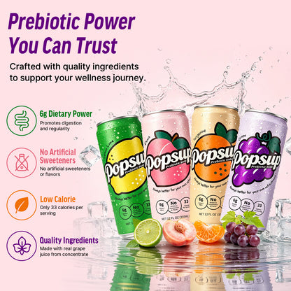 POPSUP Prebiotic Soda Pop, Pantry Pack Packed with Prebiotics, Fiber, and Botanicals, 4 Flavor Mix Pack 12oz