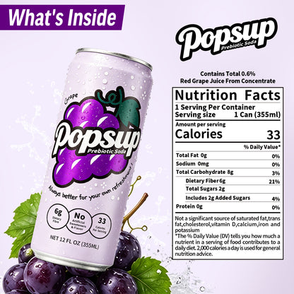 POPSUP Prebiotic Soda Pop, Classic Grape, Pantry Pack Packed with Prebiotics, Fiber, and Botanicals, 12oz
