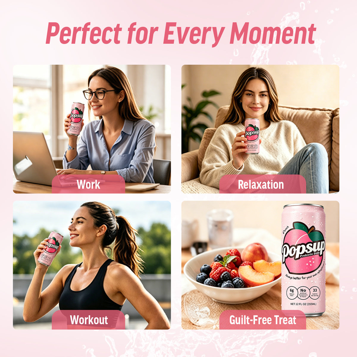 POPSUP Prebiotic Soda Pop, Peach Flavor, Pantry Pack Packed with Prebiotics, Fiber, and Botanicals, 12oz