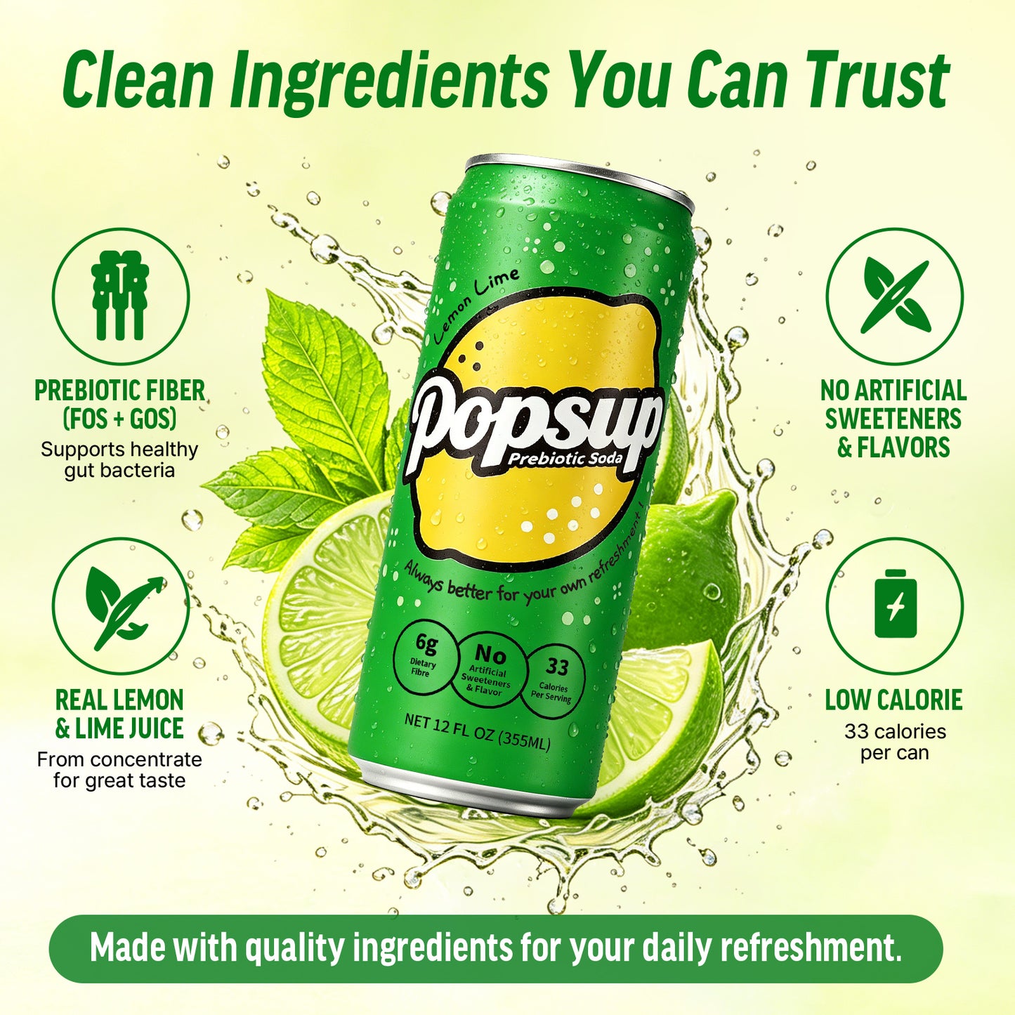 POPSUP Prebiotic Soda Pop, Classic Lemon, Pantry Pack Packed with Prebiotics, Fiber, and Botanicals, 12oz
