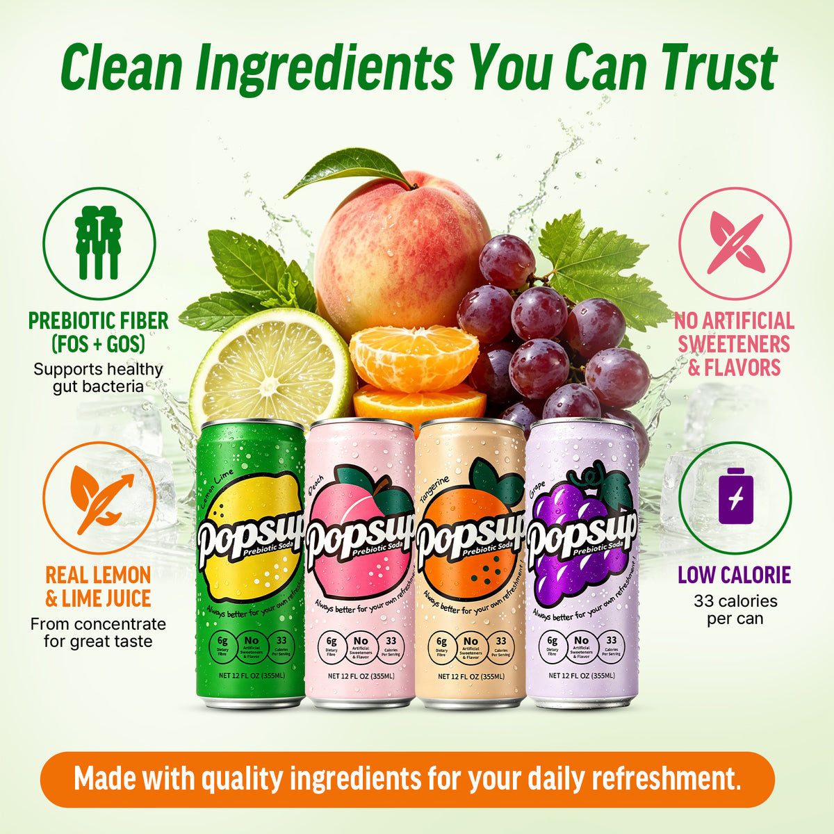 POPSUP Prebiotic Soda Pop, Pantry Pack Packed with Prebiotics, Fiber, and Botanicals, 4 Flavor Mix Pack 12oz