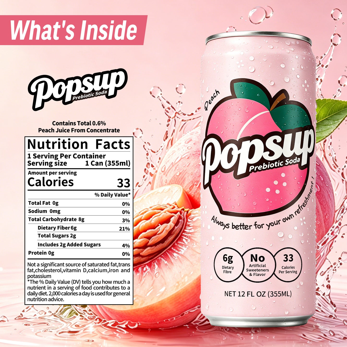 POPSUP Prebiotic Soda Pop, Peach Flavor, Pantry Pack Packed with Prebiotics, Fiber, and Botanicals, 12oz