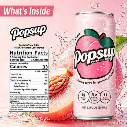 POPSUP Prebiotic Soda Pop, Peach Flavor, Pantry Pack Packed with Prebiotics, Fiber, and Botanicals, 12oz