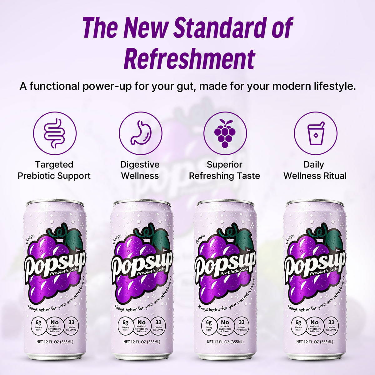 POPSUP Prebiotic Soda Pop, Classic Grape, Pantry Pack Packed with Prebiotics, Fiber, and Botanicals, 12oz