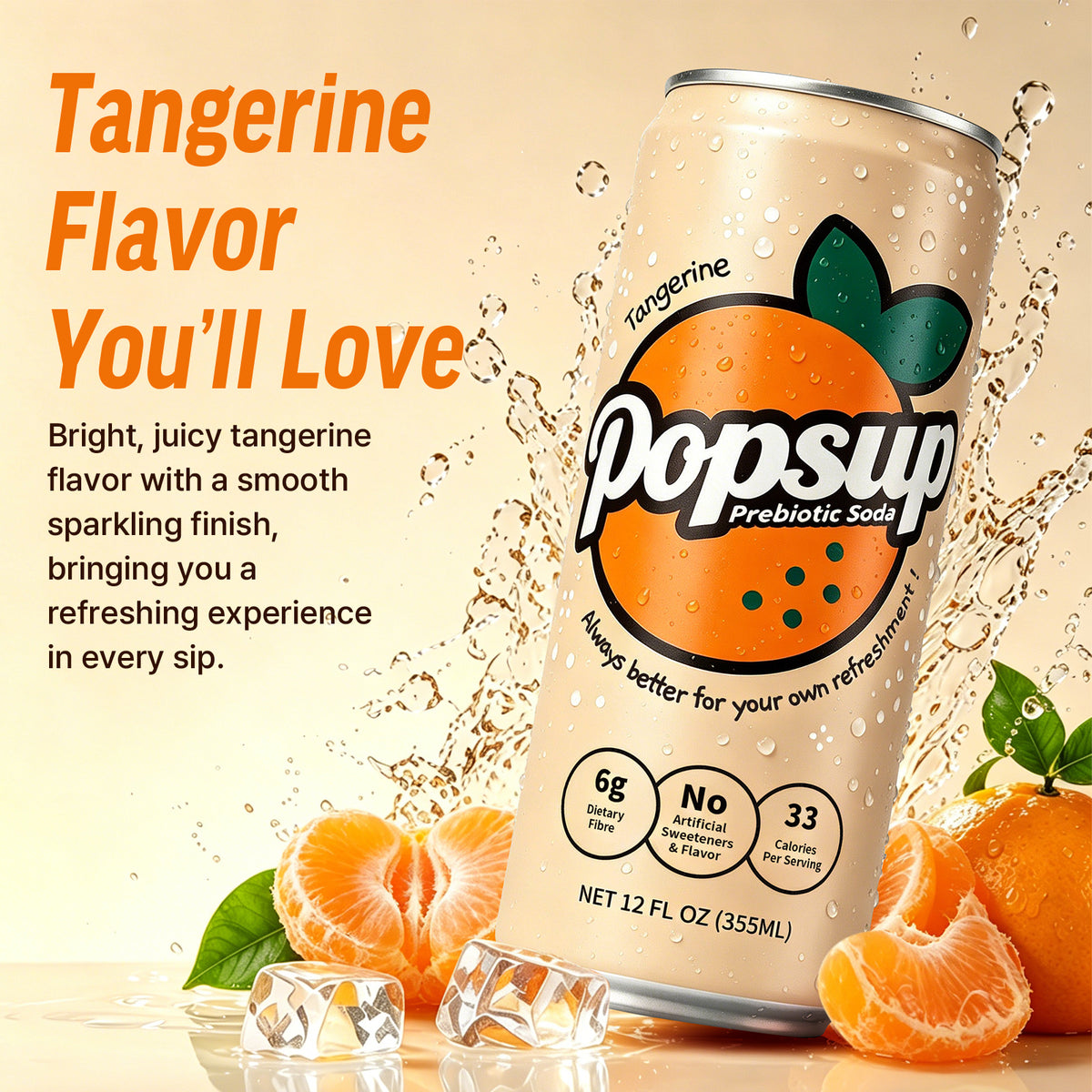 POPSUP Prebiotic Soda Pop, Classic Tangerine, Pantry Pack Packed with Prebiotics, Fiber, and Botanicals, 12oz