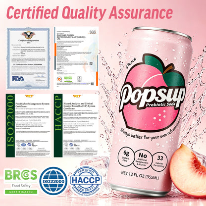 POPSUP Prebiotic Soda Pop, Peach Flavor, Pantry Pack Packed with Prebiotics, Fiber, and Botanicals, 12oz