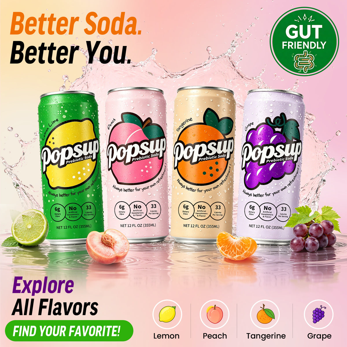 POPSUP Prebiotic Soda Pop, Pantry Pack Packed with Prebiotics, Fiber, and Botanicals, 4 Flavor Mix Pack 12oz