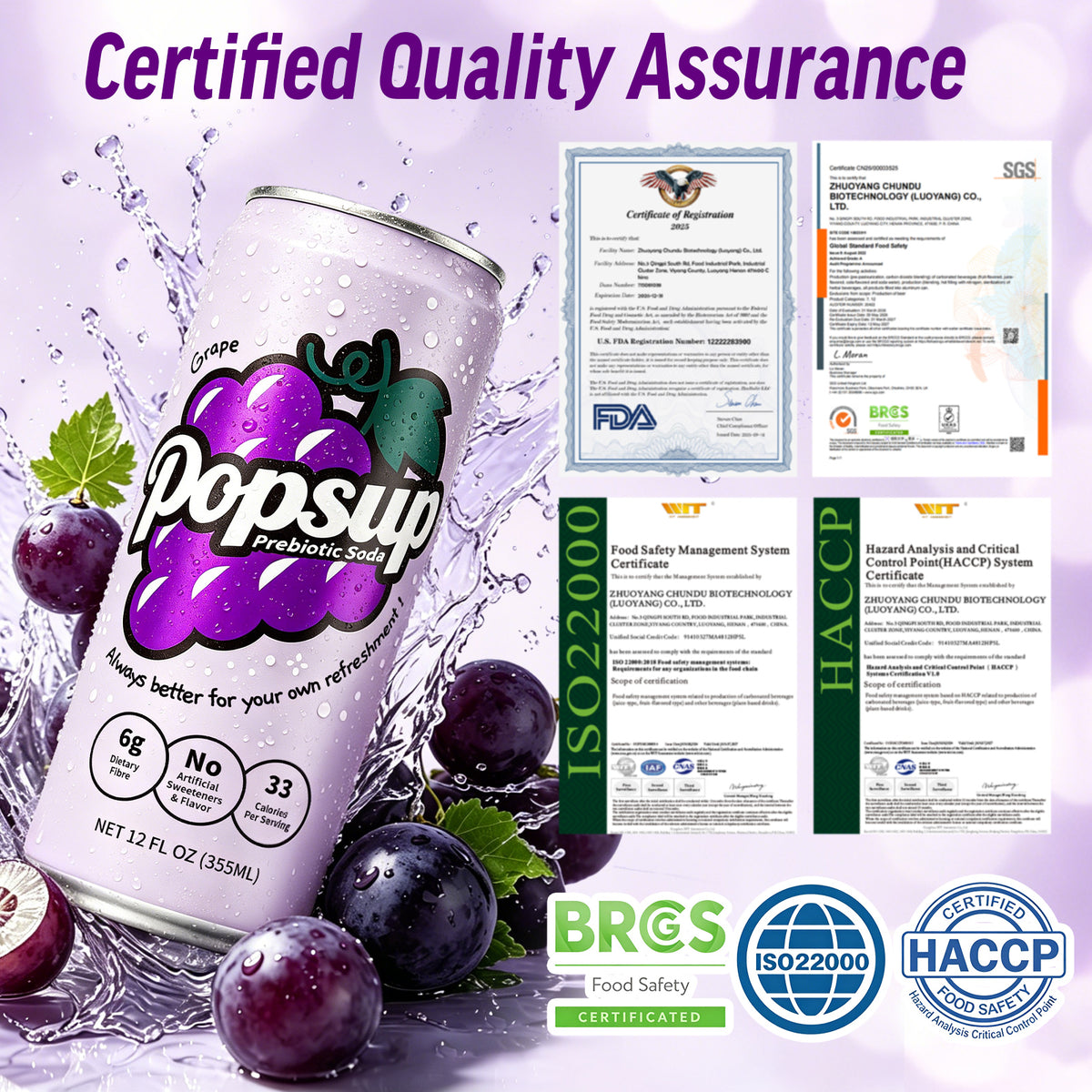 POPSUP Prebiotic Soda Pop, Classic Grape, Pantry Pack Packed with Prebiotics, Fiber, and Botanicals, 12oz