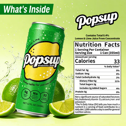 POPSUP Prebiotic Soda Pop, Classic Lemon, Pantry Pack Packed with Prebiotics, Fiber, and Botanicals, 12oz