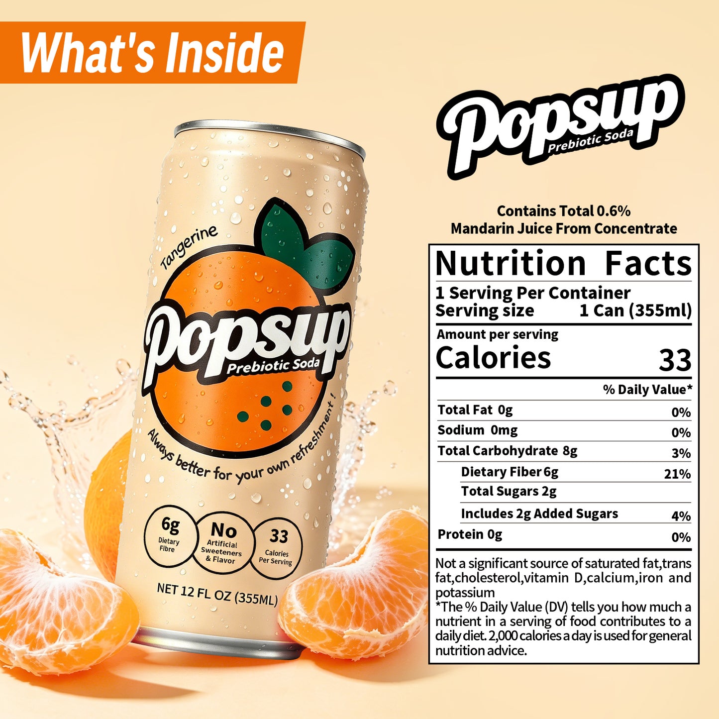 POPSUP Prebiotic Soda Pop, Classic Tangerine, Pantry Pack Packed with Prebiotics, Fiber, and Botanicals, 12oz
