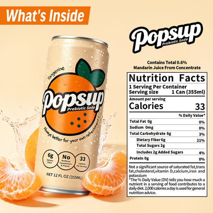 POPSUP Prebiotic Soda Pop, Classic Tangerine, Pantry Pack Packed with Prebiotics, Fiber, and Botanicals, 12oz