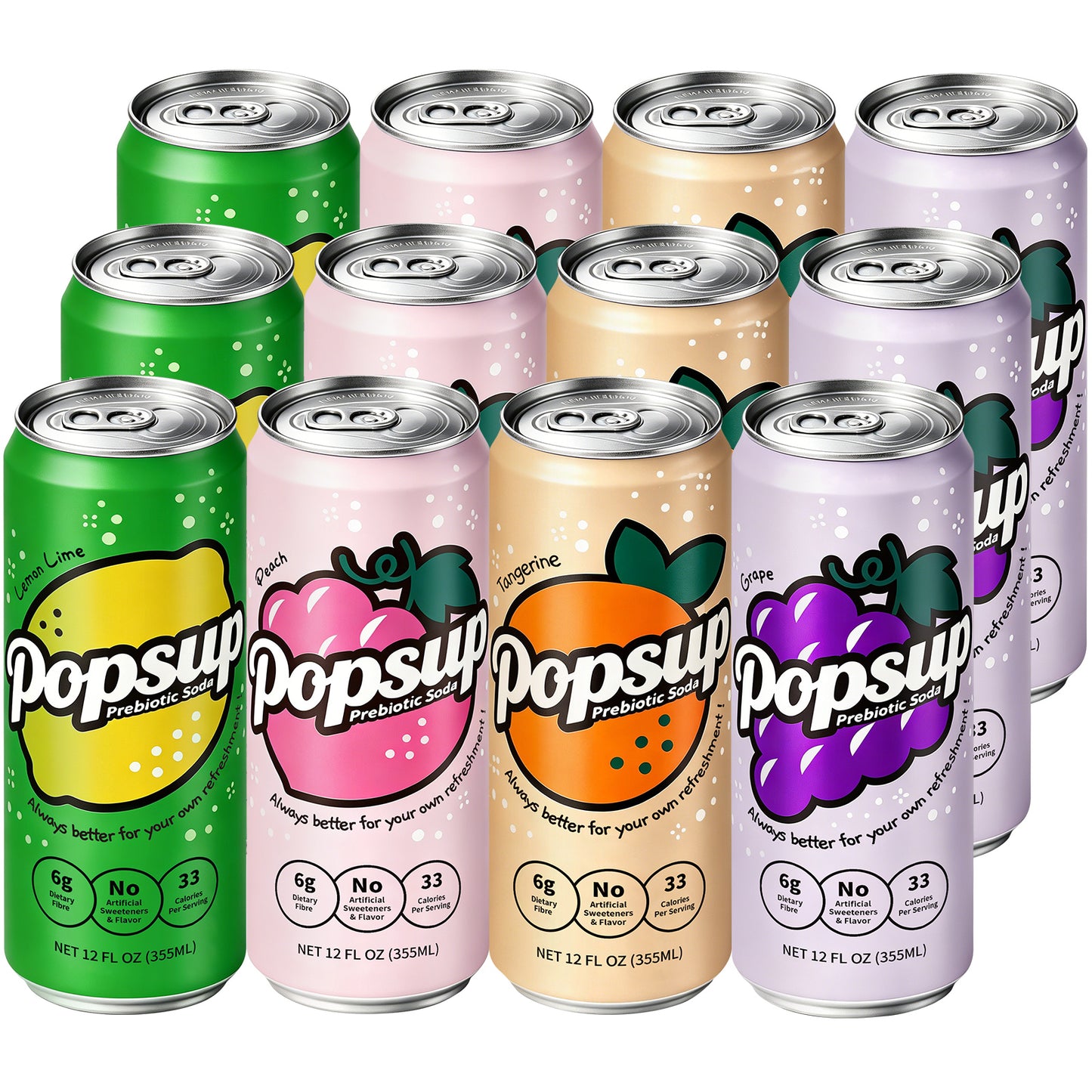 POPSUP Prebiotic Soda Pop, Pantry Pack Packed with Prebiotics, Fiber, and Botanicals, 4 Flavor Mix Pack 12oz