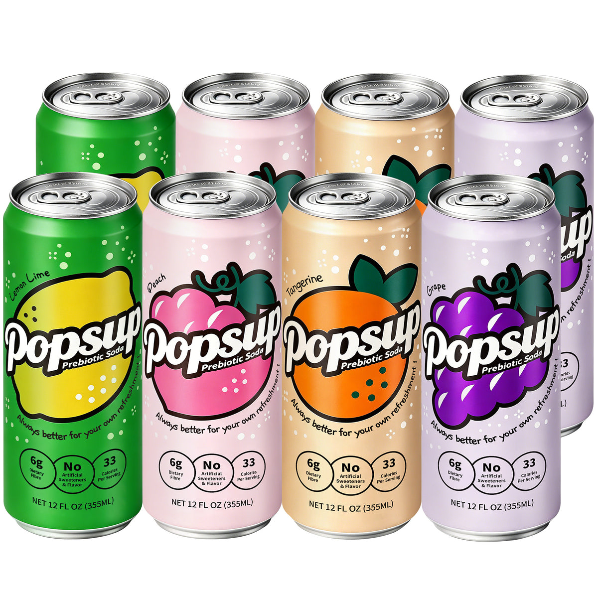 POPSUP Prebiotic Soda Pop, Pantry Pack Packed with Prebiotics, Fiber, and Botanicals, 4 Flavor Mix Pack 12oz