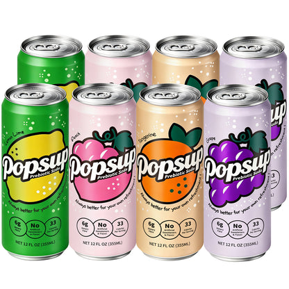 POPSUP Prebiotic Soda Pop, Pantry Pack Packed with Prebiotics, Fiber, and Botanicals, 4 Flavor Mix Pack 12oz